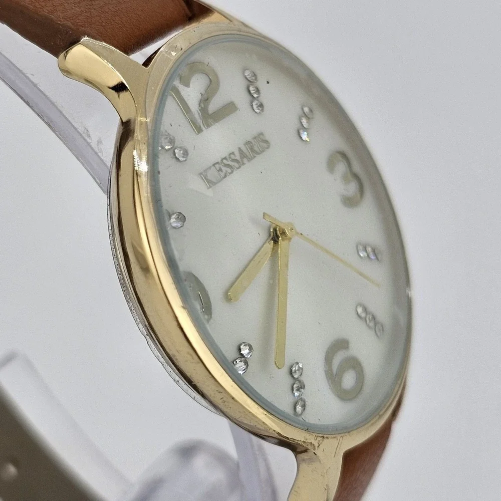 Kessaris Women's Watch 36MM White Dial Brown Faux Leather Bands‎ New Battery
